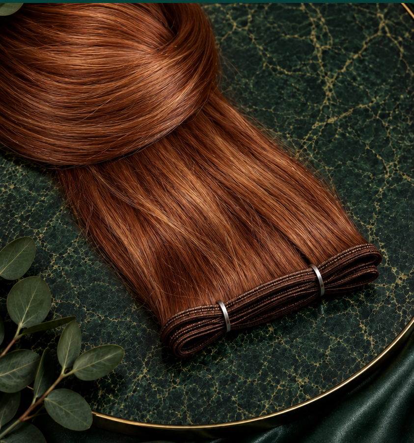 Seamless Flat Weft Extensions in cowboy copper on emerald green and gold table